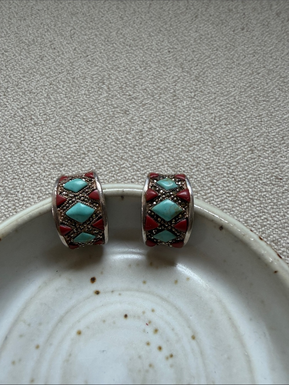 Turquoise & Red Inlay Hoop Earrings - Women Jewelry 925